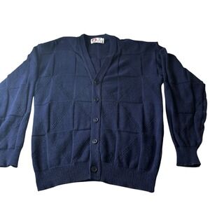 Isle of Cotton Navy Blue Textured Diamond Pattern V Neck Button Up Cardigan L